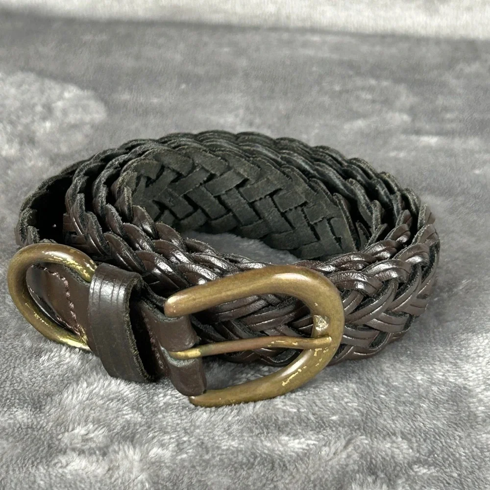Dark Brown Braided Woven Genuine Leather Belt Brass Buckle M L